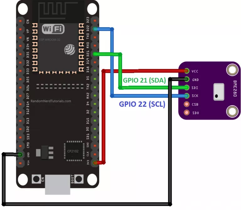 ESP32 BME280 Temperature humidity Pressure sensor connected I2C schematic circuit diagram
