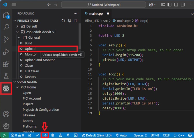Upload code to ESP32 pioarduino VS Code