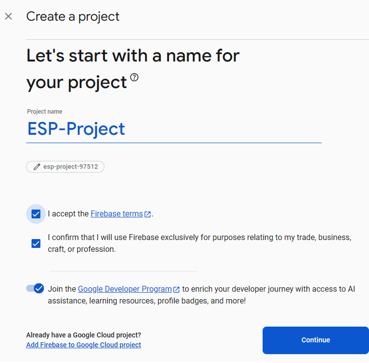 Set Up Firebase Project for ESP32 and ESP8266 Step 1