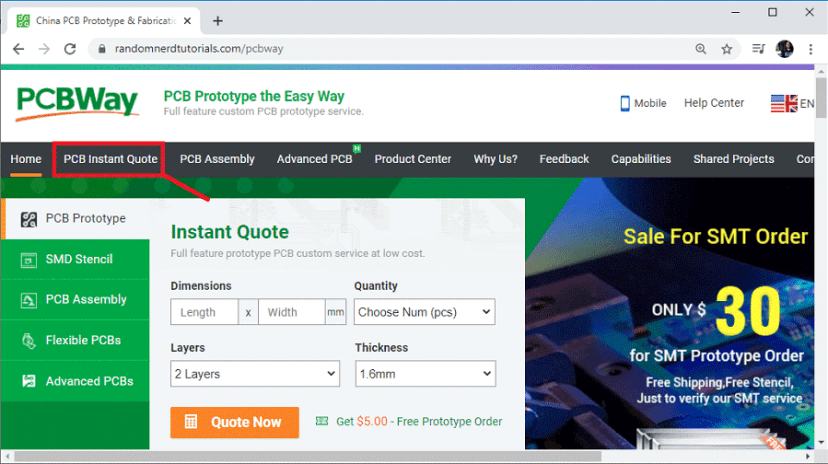 PCBWay Order PCB open instant quote page