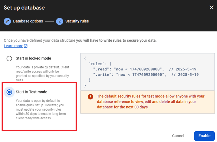 Firebase Realtime Database Start in Test Mode