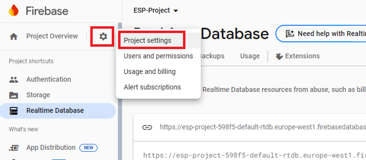 Firebase Realtime Database Project Settings