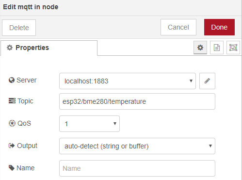 MQTT In Node ESP32 Publish Temperature Node-RED Flow