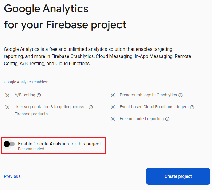 Disable Google Analytics for firebase project
