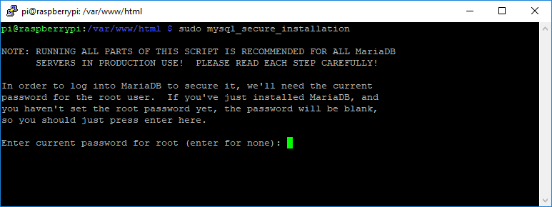Raspberry Pi MySQL Database MariaDB Secure Installation