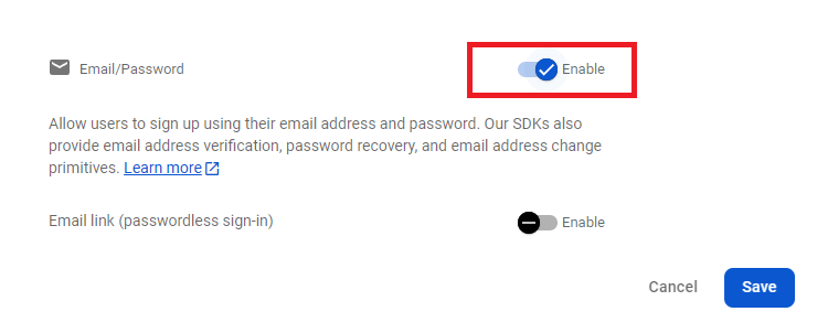 Enable Email Password Sign in Firebase