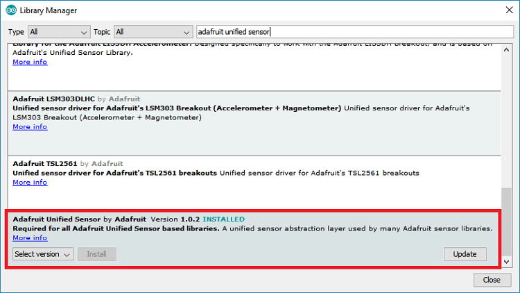 Installing Adafruit Unified Sensor driver library