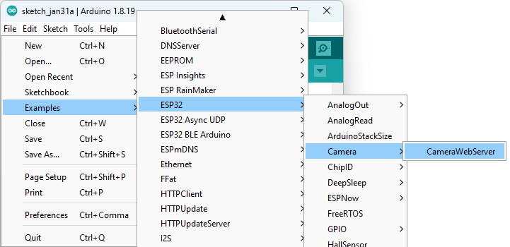 Arduino IDE CameraWebServer example