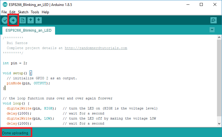 Done uploading sketch to ESP8266 using Arduino IDE
