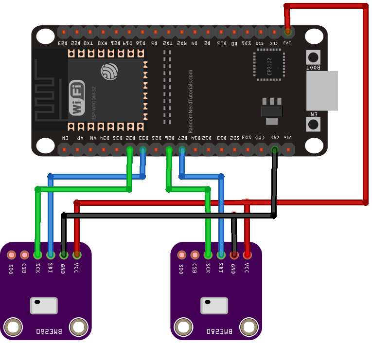 ESP32 with Multiple I2C BME280 (multiple I2C bus) Schematic Diagram
