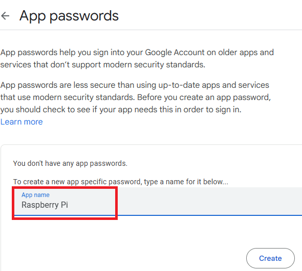 Google Creating an App Password for the Raspberry Pi
