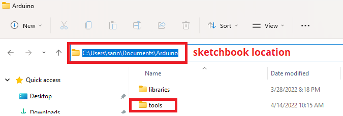 creating tools folder sketchbook folder SPIFFS