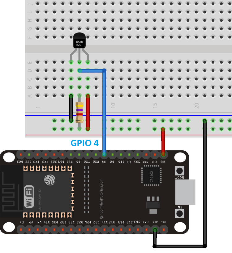 DS18B20 Temperature Sensor with ESP32 Normal Mode Wiring Schematic Diagram