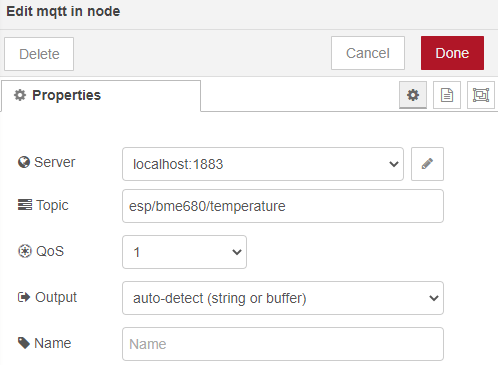 Edit mqtt in node ESP32 ESP8266 Node-RED BME680