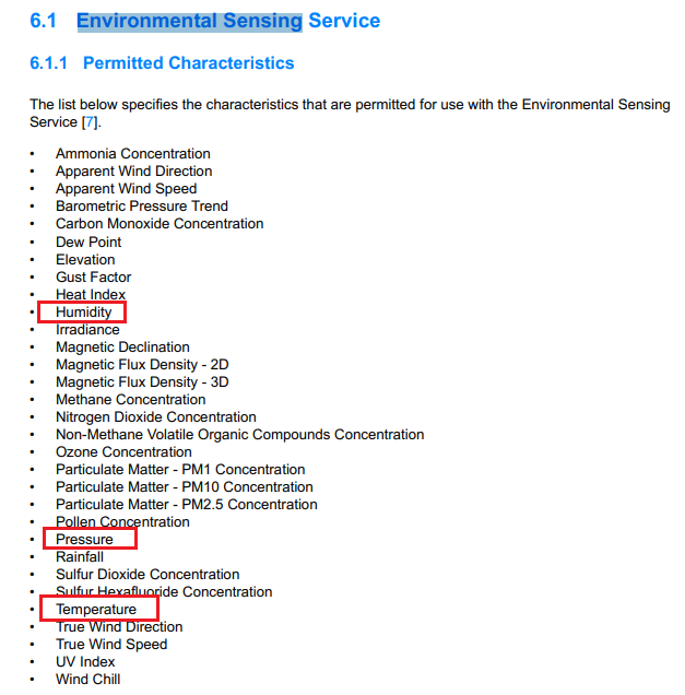 Environmental Sensing Service Supported Characteristics