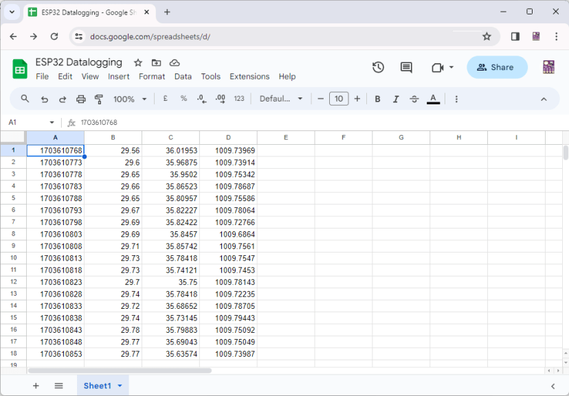 ESP32 Data Published to Google Spreadsheet