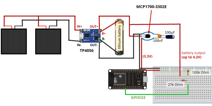 Final circuit Power ESP32 with Solar Panels battery level monitoring