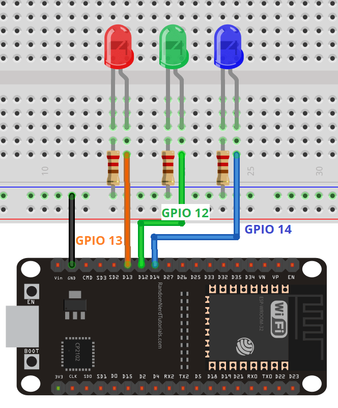ESP32 connected to three LEDs Schematic diagram wiring circuit