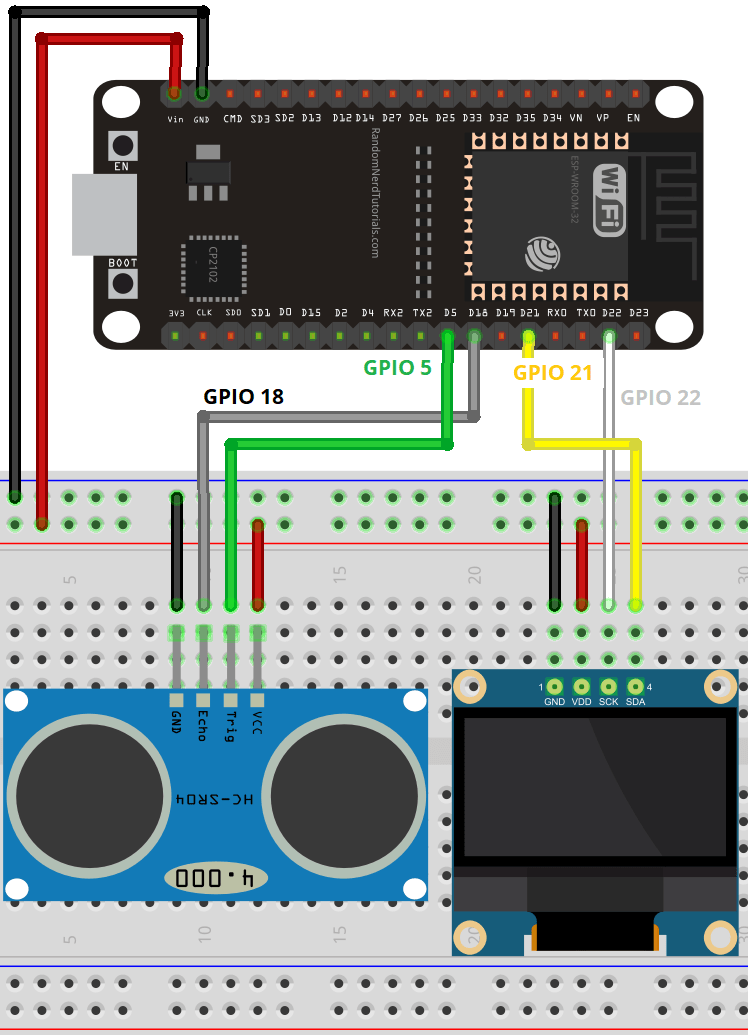 ESP32 with HC-SR04 and OLED Display Wiring Diagram