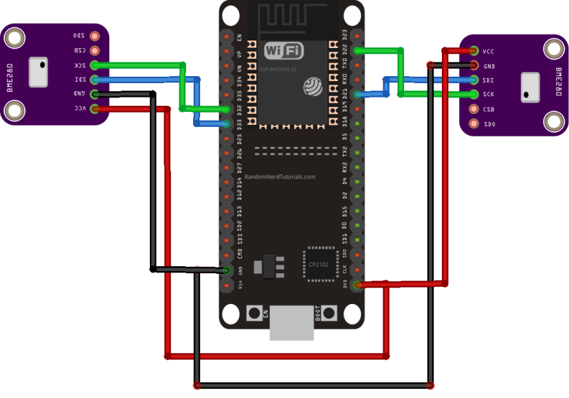 ESP32 with Multiple I2C BME280 Schematic Diagram