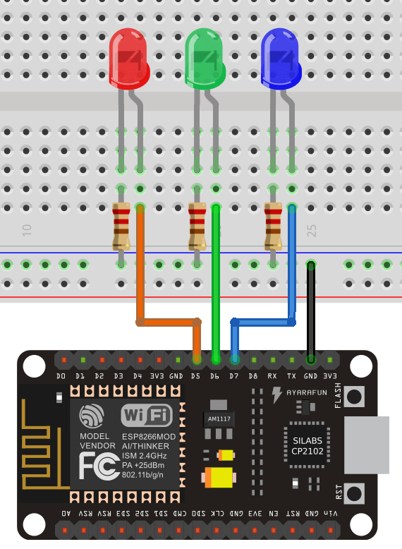 ESP8266 NodeMCU connected to three LEDs Schematic diagram wiring circuit