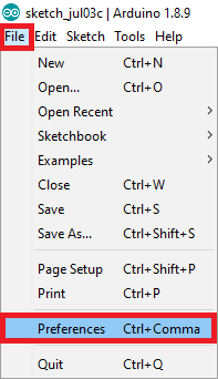 Install ESP8266 Board add-on in Arduino IDE open preferences
