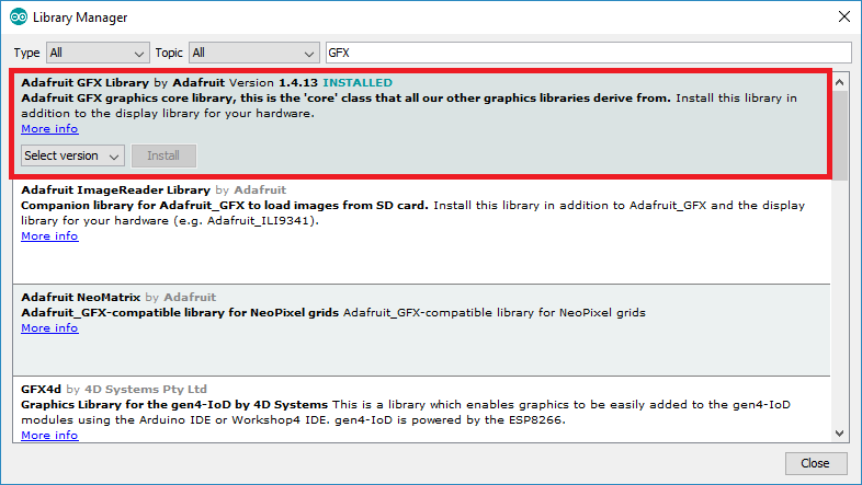 Installing GFX Adafruit library in Arduino IDE
