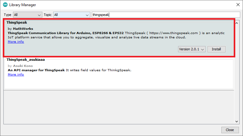 Install ThingSpeak Library Arduino IDE