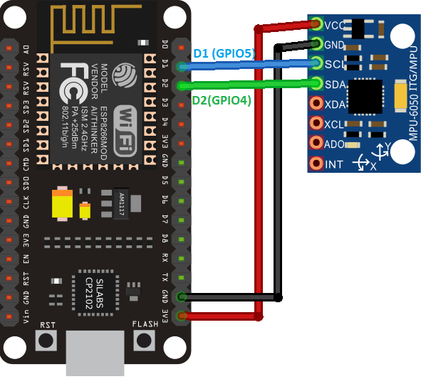 MPU6050 Accelerometer Gyroscope Wiring to ESP8266 NodeMCU Schematic Diagram Circuit