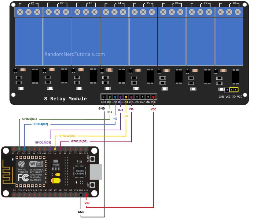 ES8266 8-channel relay module wiring diagram schematic