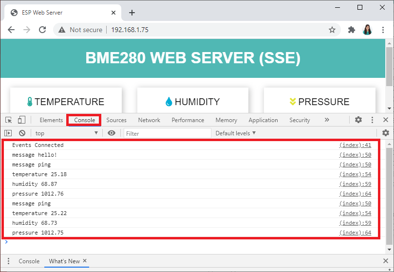 Server-Sent Events Browser Console ESP2 Web Server Demonstration