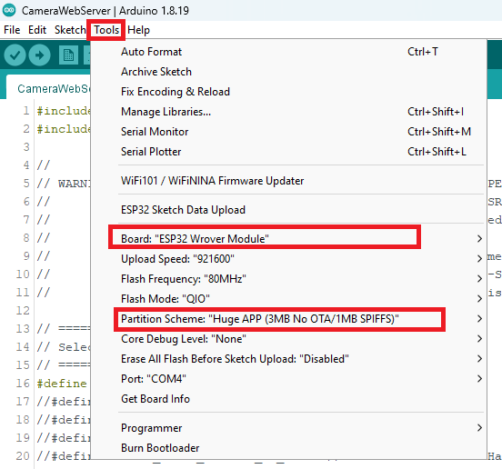 Arduino IDE board selection for Freenove ESP32-Wrover CAM